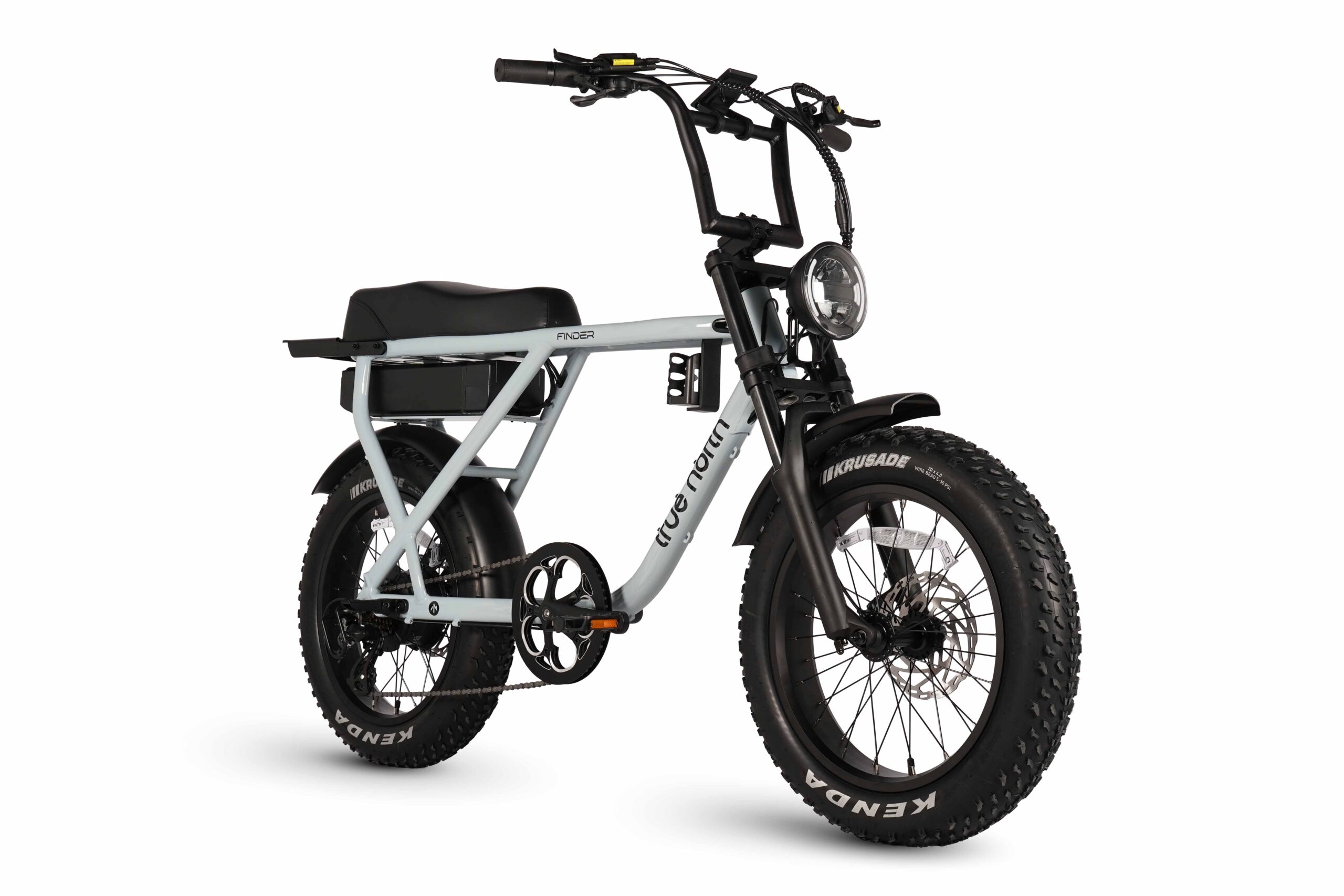 Front view of the True North Finder E-Bike in blue grey with LED headlight and upright bars.