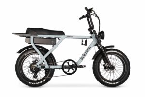 Side view of the True North Finder E-Bike in blue grey with dual seat and fat tyres.