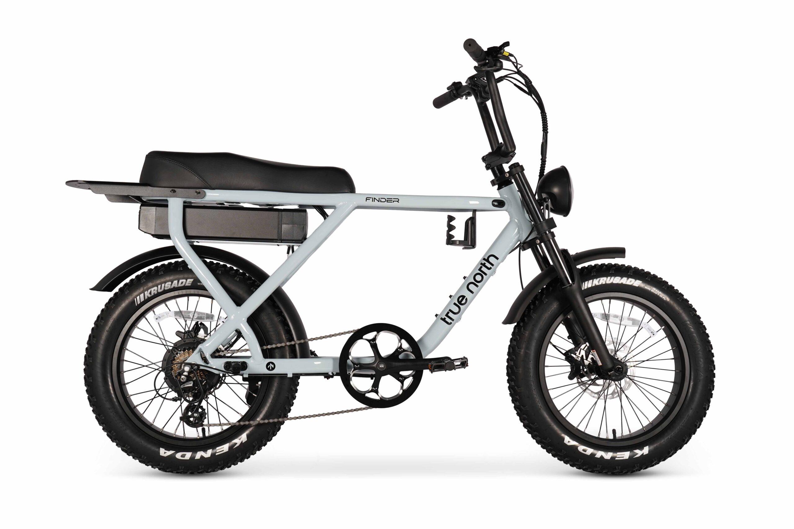 Side view of the True North Finder E-Bike in blue grey with dual seat and fat tyres.