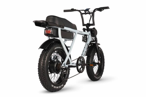 Rear view of the Finder E-Bike in blue grey showing taillight and frame geometry.
