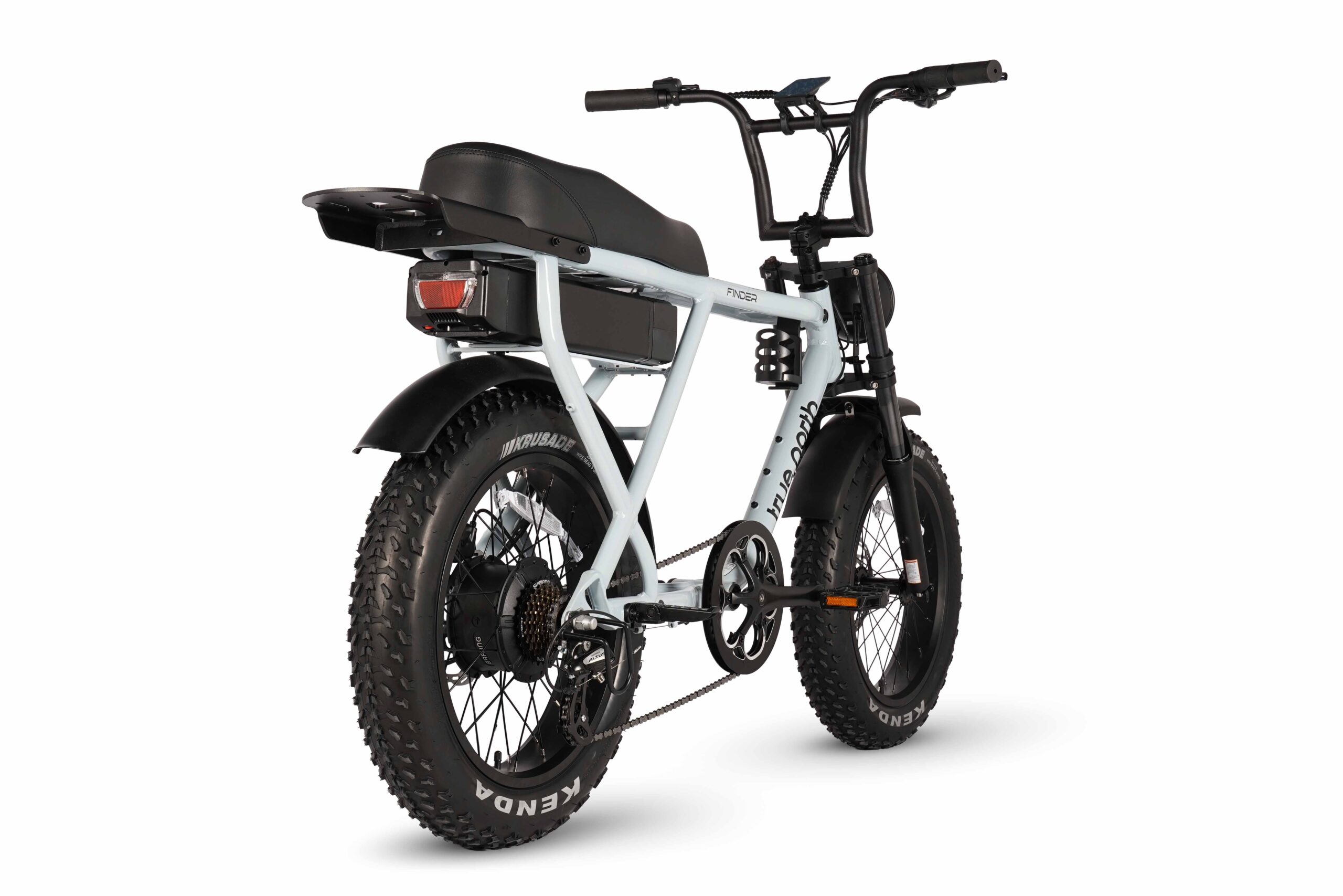 Rear view of the Finder E-Bike in blue grey showing taillight and frame geometry.