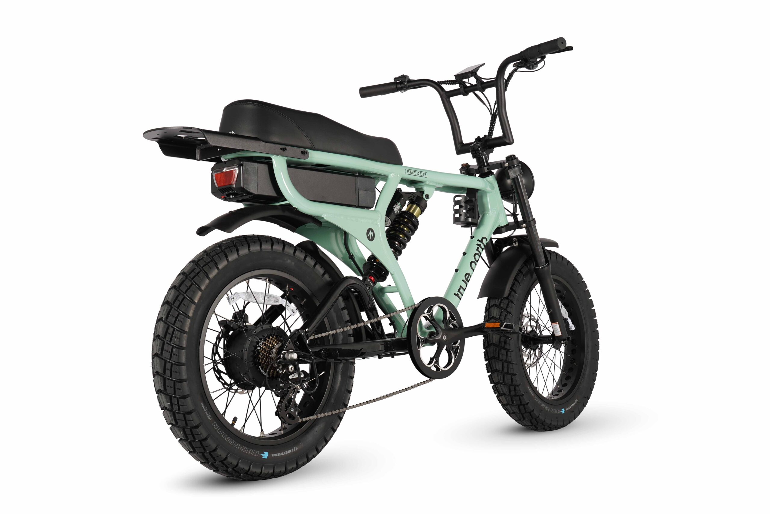 Rear view of the green Seeker E-Bike with taillight and rear fender.
