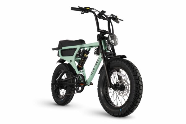 Front view of the True North Seeker E-Bike in green with LED headlight and upright bars.