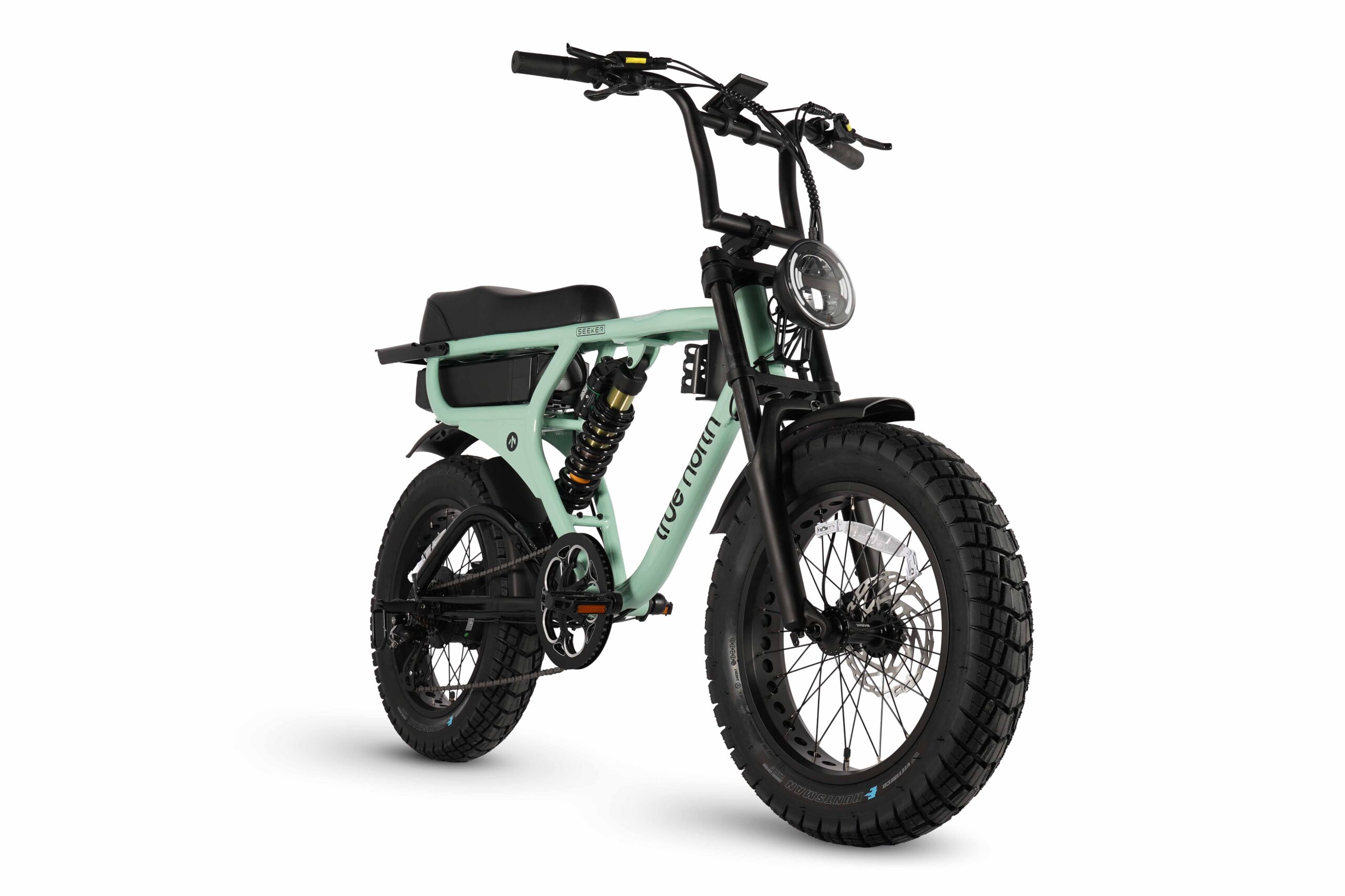 Front view of the True North Seeker E-Bike in green with LED headlight and upright bars.