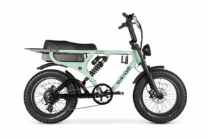 Side view of the Seeker E-Bike in green with fat tyres and integrated battery.