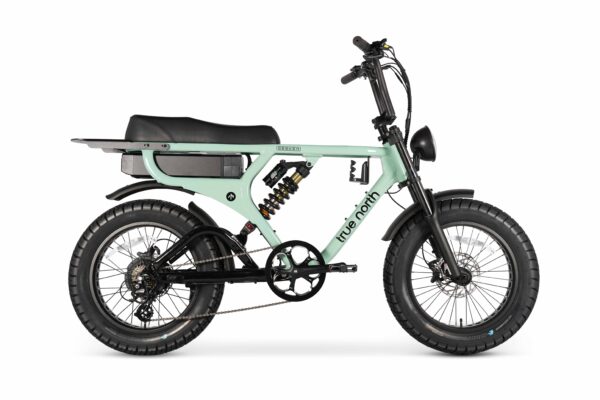 Side view of the Seeker E-Bike in green with fat tyres and integrated battery.