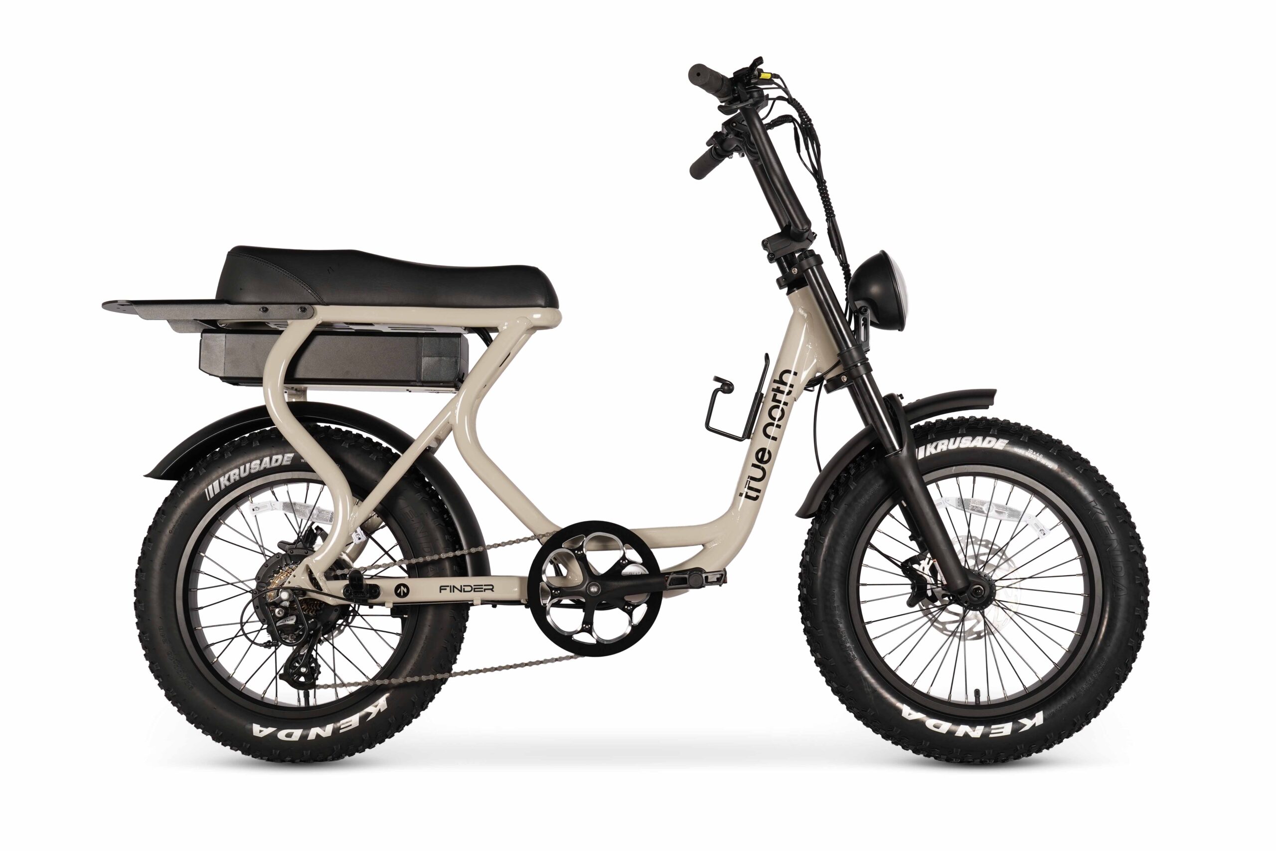 Side view of the True North Finder S electric bike in Oat with step-through frame and dual seat