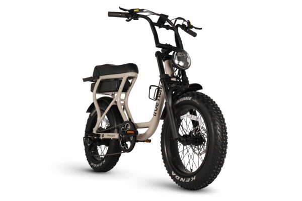 Front view of the True North Finder S step-through electric bike in Oat with LED headlight and wide handlebars
