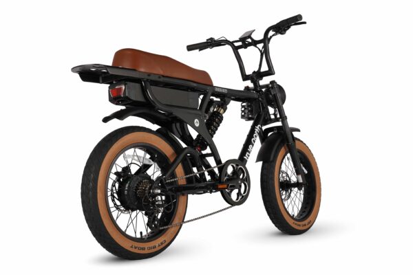 Black True North Seeker Retro electric bike with dual seat and fat tyres.