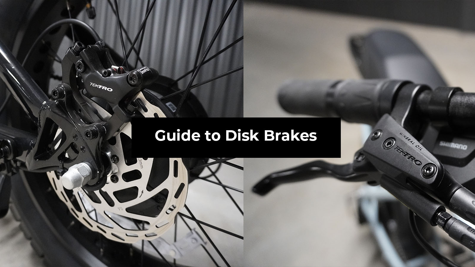 Close-up of Tektro disc rotor and e-bike hydraulic brake lever