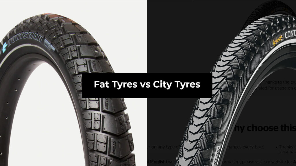 Side-by-side comparison of two e-bike tyres: the Vee Rubber Huntsman fat tyre (left) and the Continental Contact Plus Reflex city commuter tyre (right), showing the difference between fat tyres and city tyres for e-bikes.