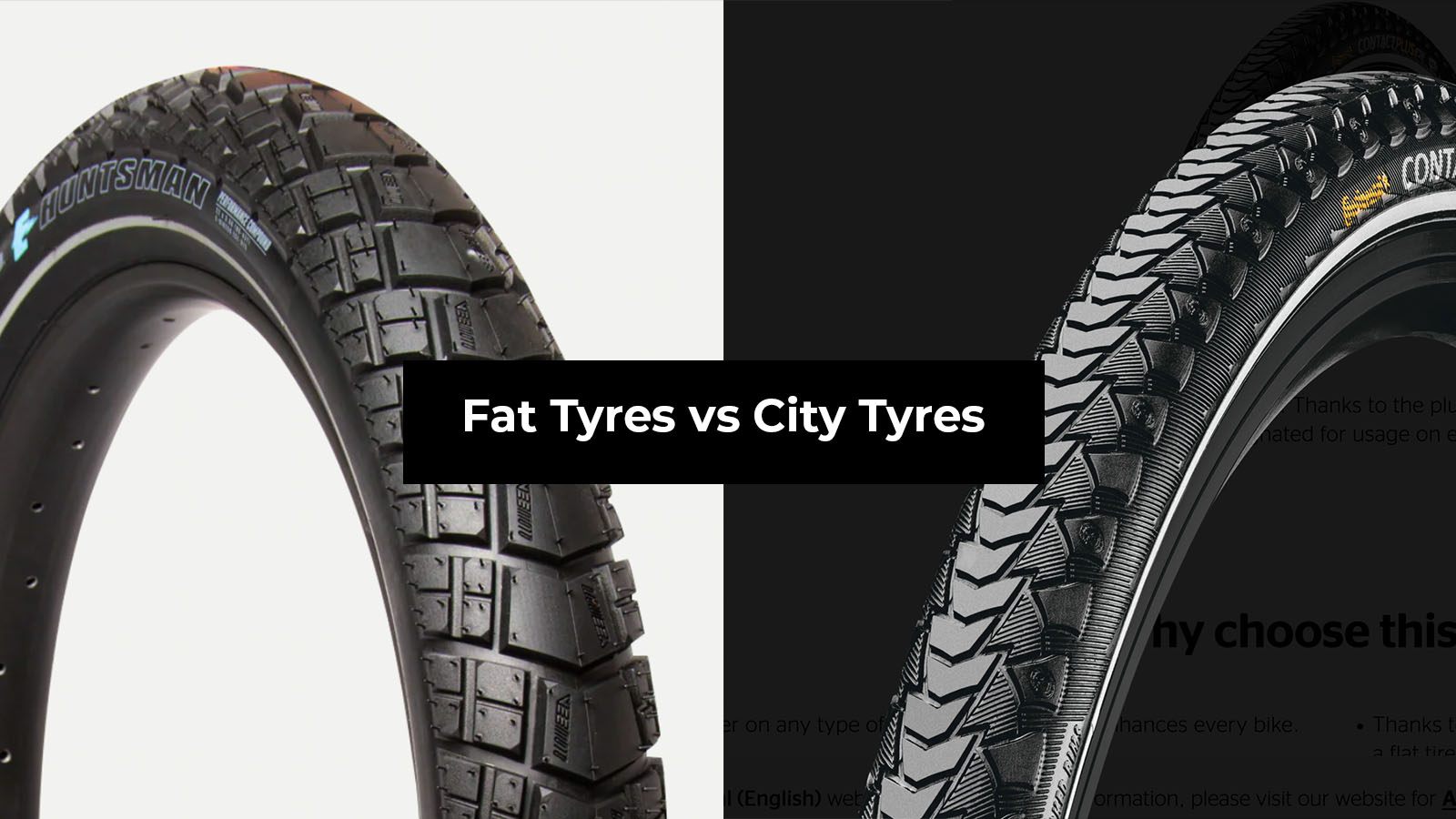 Side-by-side comparison of two e-bike tyres: the Vee Rubber Huntsman fat tyre (left) and the Continental Contact Plus Reflex city commuter tyre (right), showing the difference between fat tyres and city tyres for e-bikes.