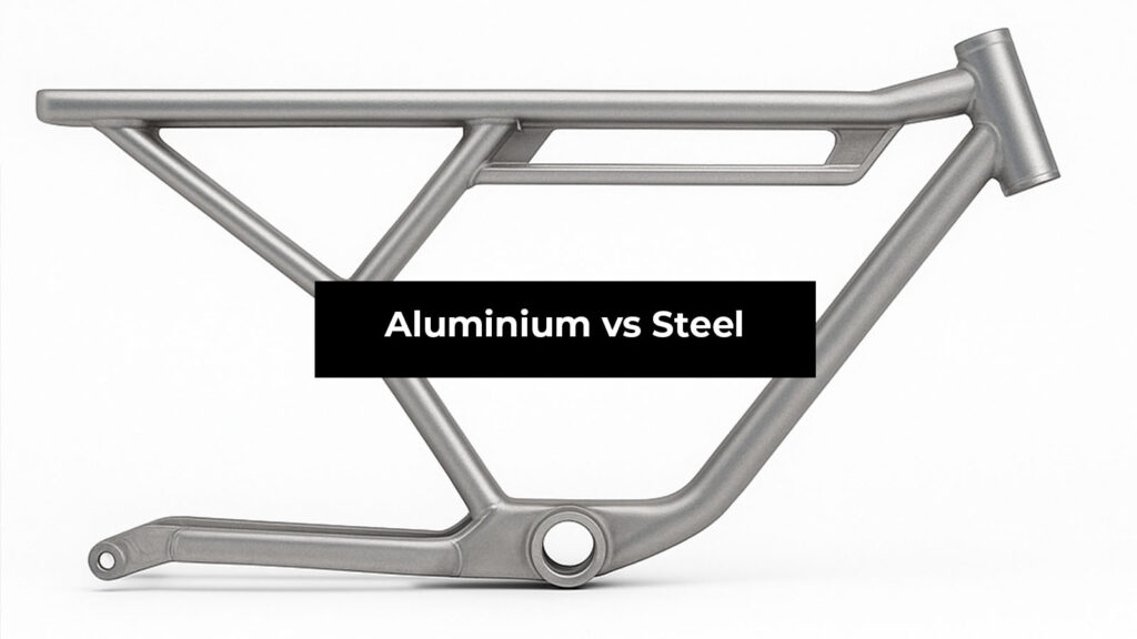Aluminium e-bike frame on white background showcasing lightweight alloy construction.