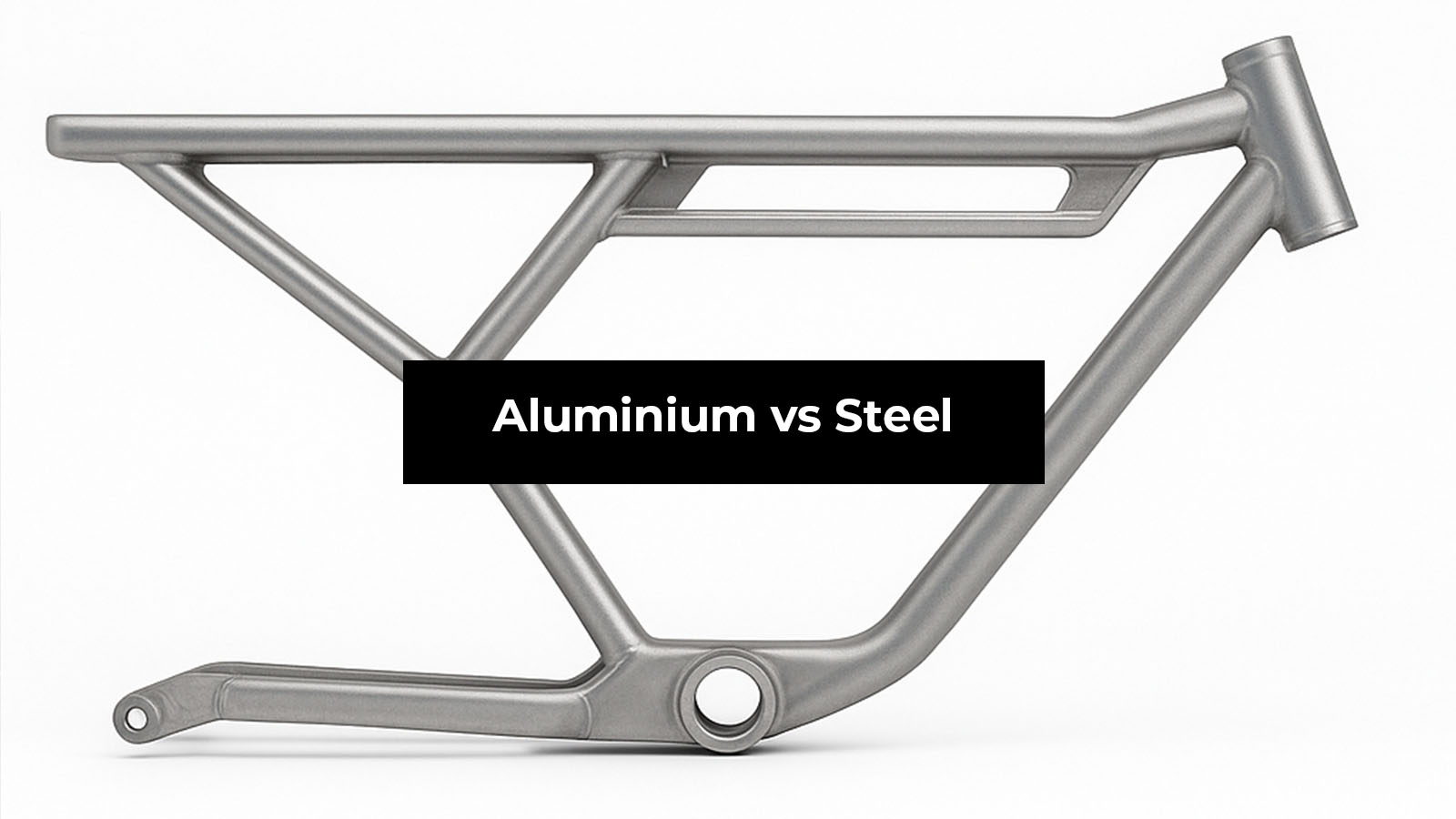Aluminium e-bike frame on white background showcasing lightweight alloy construction.