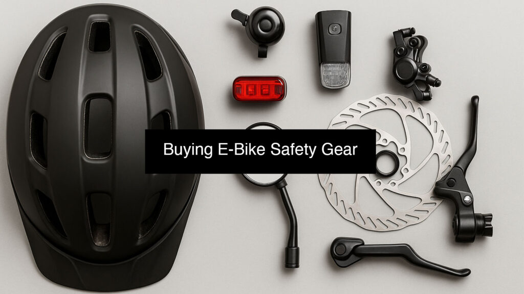Flat lay of essential e-bike safety equipment on a neutral background, including certified helmet, front and rear lights, reflective vest, cycling gloves, bell, mirror, and toolkit