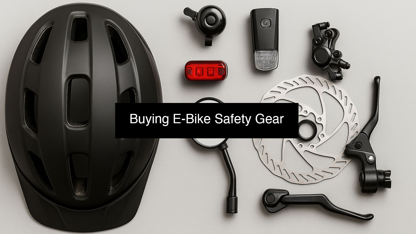 Flat lay of essential e-bike safety equipment on a neutral background, including certified helmet, front and rear lights, reflective vest, cycling gloves, bell, mirror, and toolkit